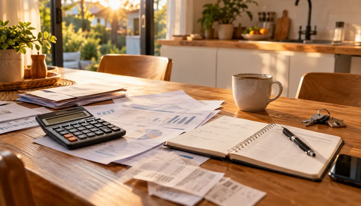 Cuisine contemporaine chaleureuse avec table en bois, calculatrice, documents administratifs, carnet de budget, tasse de café et clés, évoquant la préparation d’un budget familial et l’évaluation du reste à vivre.