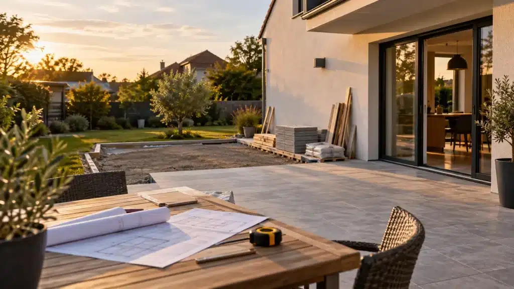 Maison contemporaine avec terrasse et espace prévu pour une future véranda, matériaux de construction et plans posés sur une table extérieure au coucher du soleil.